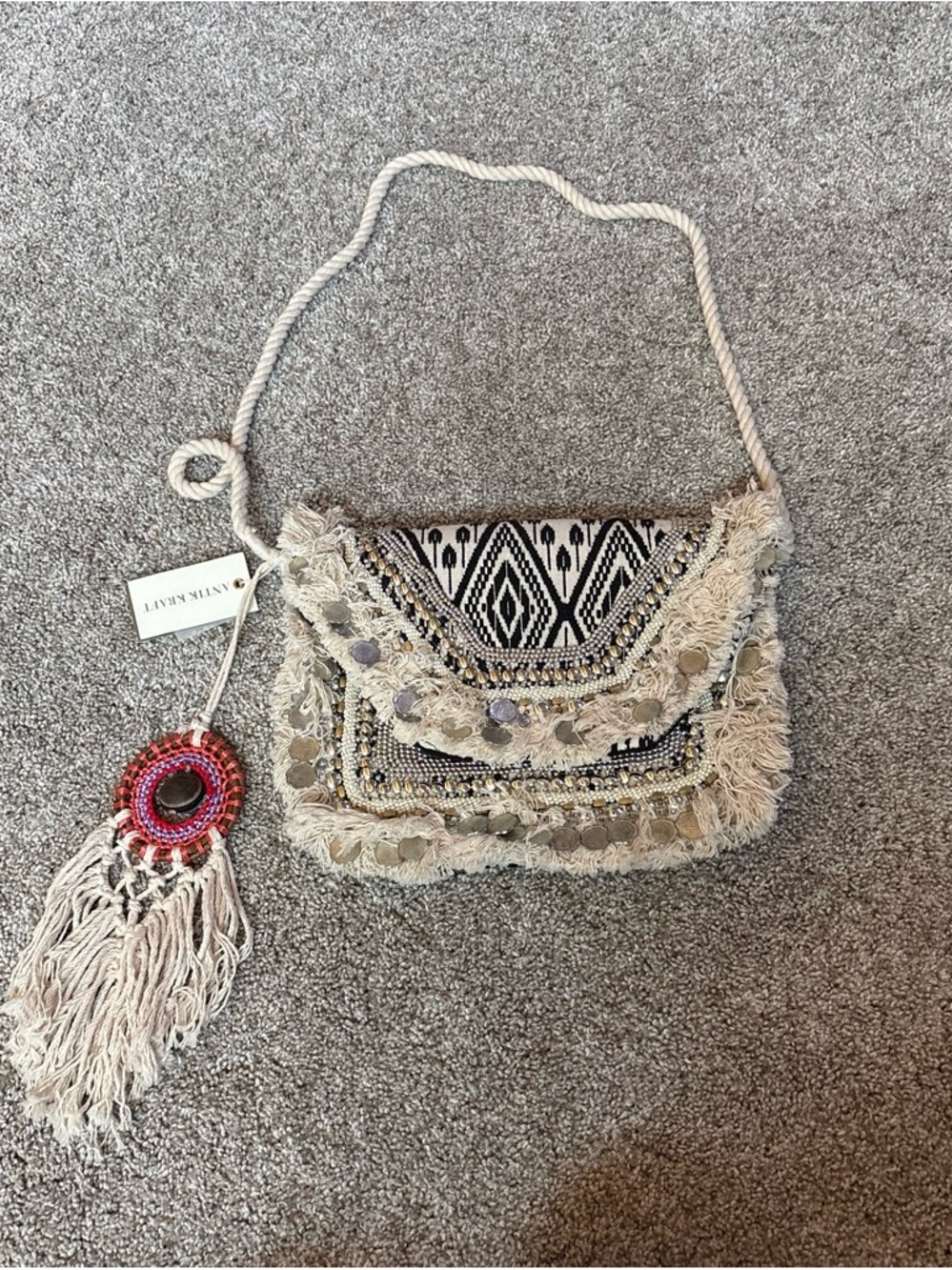 Antik Kraft Beige Fringe Crossbody with Black Geometric Accent
